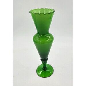 Bohemian Czech Green Glass with Twisted Stem Vase Hand Blown 9.5” Tall